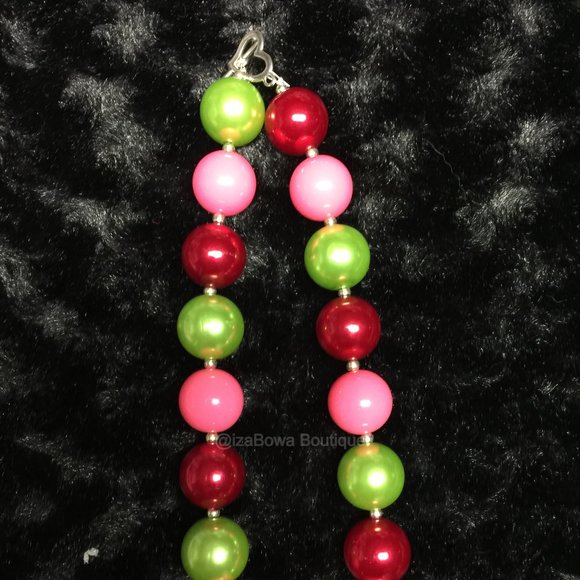 Red, Green & Pink Chunky Bead Necklace HAND CRAFTED